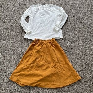 NEW Uniqlo Girls White Ruffle Top Shirt & Mustard Yellow Skirt 7-8